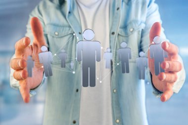 ağ bağlantısı ile insanlar tutan adam birbirlerini teknoloji düzeninde, 3d işleme bağlı