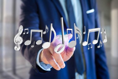 bir adam bir futuristik bir arayüze müzik notlar ile 3D render