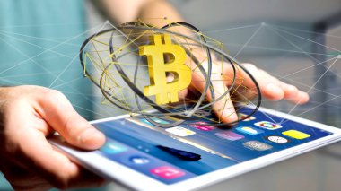 Bitcoin kripto para birimi işaretiyle, 3d render bir akıllı telefon kullanan adam