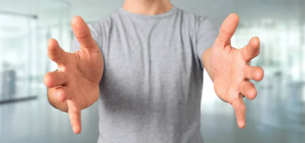 Człowiek Trzymając Się Ręce Pusty Szablon Futurystyczny Interfejs Renderowania — Zdjęcie stockowe