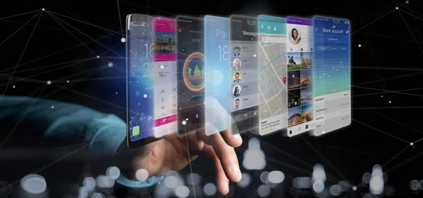 Render App Şablon Bir Akıllı Telefon Üzerinde Tutan Işadamı — Stok fotoğraf