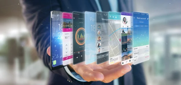 Render App Şablon Bir Akıllı Telefon Üzerinde Tutan Işadamı — Stok fotoğraf