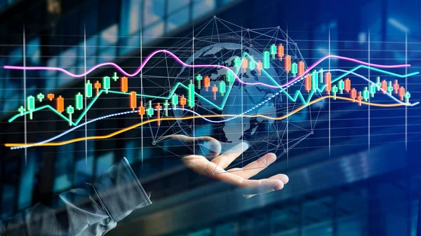 Empresário Segurando Uma Renderização Exibição Informações Negociação Bolsa Valores Uma — Fotografia de Stock