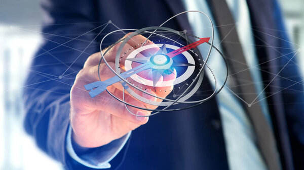 бизнесмен с навигационным компасом - 3D рендеринг
