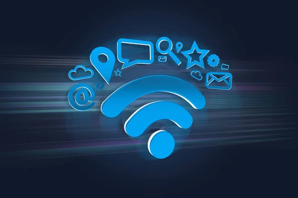 wifi symbol surrounded by multimedia and internet application logo - 3d render