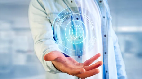 Man Holding Shinny Technological Globe Button Rendering — Stock Photo, Image