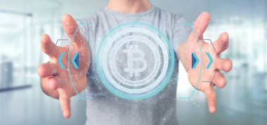 teknoloji Bitcoin simgesi, 3d render tutan adam