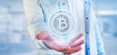 teknoloji Bitcoin simgesi, 3d render tutan adam