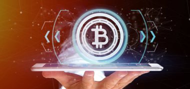 teknoloji Bitcoin simgesi, 3d render tutan adam