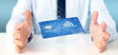 Temassız kredi kartı, 3d render tutan adam