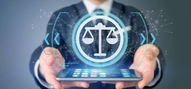 Smartphone teknoloji adalet simgesi, 3d render ile tutan adam