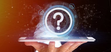 teknoloji soru işareti simgesi ile smartphone, 3d render tutan adam