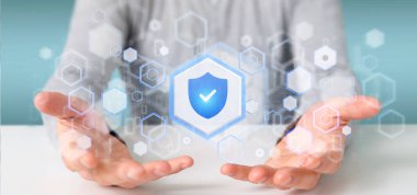 kalkan kutsal kişilerin resmi, web güvenlik kavramı, 3d render holding erkek eller