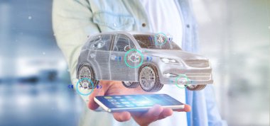 Pano smartcar arayüzü ve smartphone, 3d render tutan adam