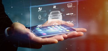 Pano smartcar arayüzü ve smartphone, 3d render tutan adam