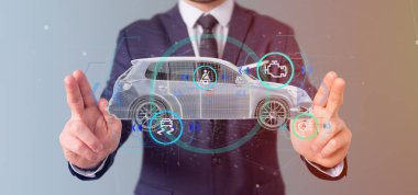 Pano smartcar arabirimi, 3d render tutan adam