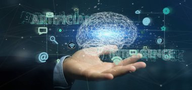 yapay zeka kavramı bir beyin ve app ile 3D render tutan erkek el