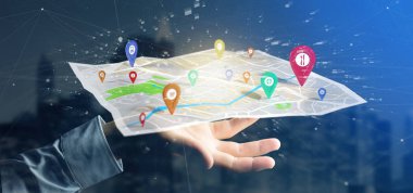 3D render PIN sahipleri bir harita üzerinde tutan adam