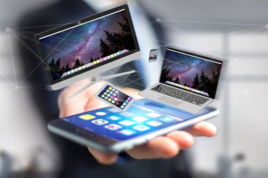akıllı telefon, tablet ve 3d render bağlantı ağ üzerinden uçan bilgisayar tutan adam