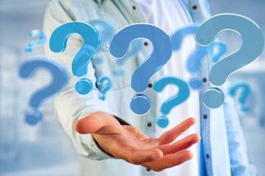 Erkek el bulut mavi soru işaretleri, 3d render tutarak