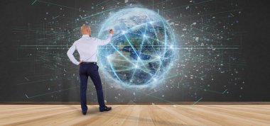 Bağlantı simge, 3d render etrafında bakarak işadamı