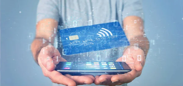 Man Holding Contactless Credit Card Smartphone Rendering — Stock Photo, Image
