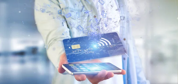 Man Holding Contactless Credit Card Smartphone Rendering — Stock Photo, Image