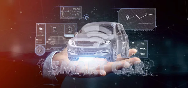 Man Holding Dashboard Smartcar Interface Rendering — Stock Photo, Image