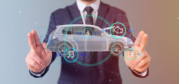 man holding dashboard smartcar interface, 3d rendering