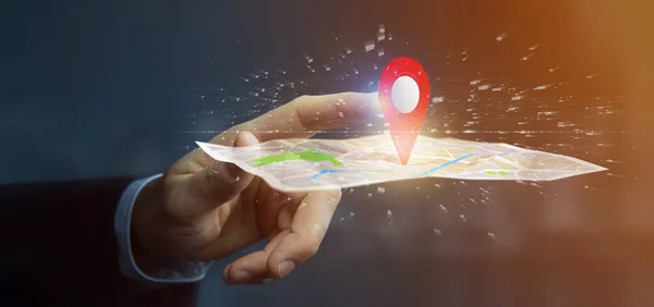 Hombre Negocios Sosteniendo Renderizado Pin Titular Mapa — Foto de Stock