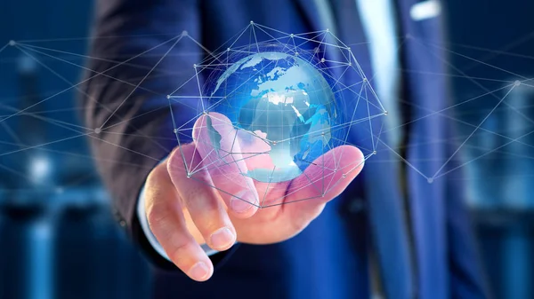 Businessman Holding Connected Network Earth Globe Concept Futuristic Interface Rendering — Stock Photo, Image