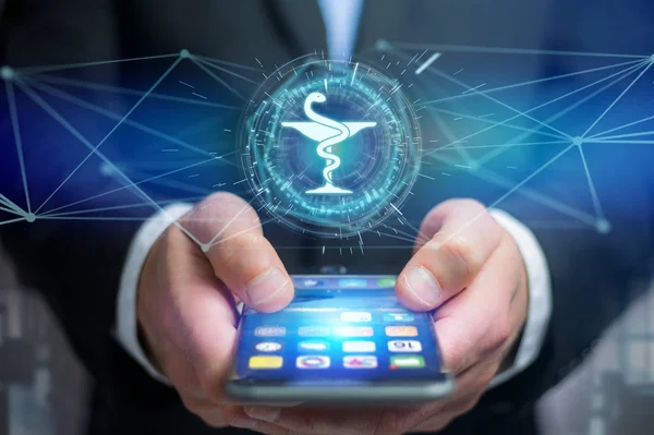 Icono Médico Farmacia Interfaz Futurista Hombre Que Sostiene Teléfono Inteligente — Foto de Stock