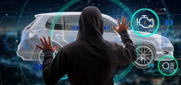Hacker Masculino Tocando Una Interfaz Del Smartcar Representación —  Fotos de Stock