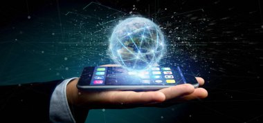 Dünya Dünya çapında, 3d render bağlantı tutan adam