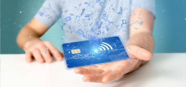 Adam tutarak bir temassız kredi kartı, ödeme kavramı, 3d render