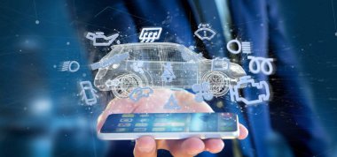 Smartcar simgesi bir otomobil 3d render etrafında tutan adam