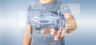 bir pano smartcar arabirimi Pano 3d render tutan adam