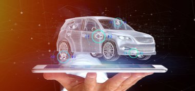 Checkings 3d render ile bir Smartcar holding adam