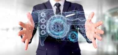 adam boş elele, futuristik bir arayüze şablon, 3d render 