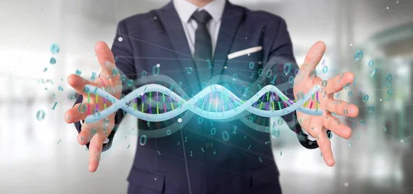 Businessman Holding Rendering Data Coded Dna Binary File — Stock Photo, Image