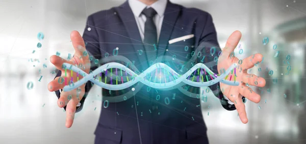 Affärsman Som Innehar Rendering Data Kodade Dna Med Binär Fil — Stockfoto