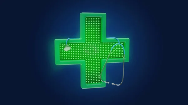 lighting pharmacy cross and a stethoscope - 3d render