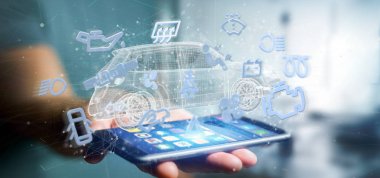 Smartphone bir otomobil 3d render Smartcar simgeleri ile tutan bir adam görünümü