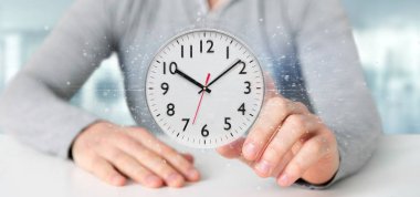 Bir saat zamanlayıcı 3d render tutan bir adam görünümü