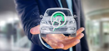 Bir elektrik smartcar kavramı 3d render tutan bir adam görünümü