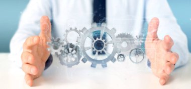 Bir teknoloji dişli tekerlekleri interface3d render tutan bir adam görünümü