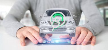 Bir elektrik smartcar kavramı 3d render tutan bir adam görünümü
