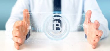 Bir daire 3d render bir teknoloji Bitcoin simgesi tutan bir adam görünümü