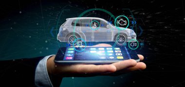 Checkings 3d render ile bir Smartcar tutan bir adam görünümü