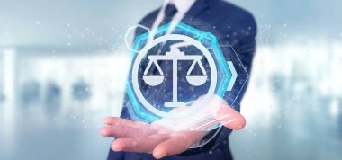 Bir teknoloji adalet simgesi üzerinde bir daire 3d render tutan bir adam görünümü